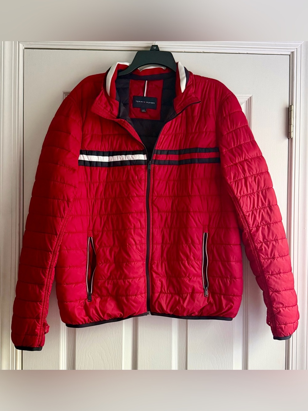 Tommy Hilfiger Red Quilted Puffer Jacket with Stripe Detail Size Large